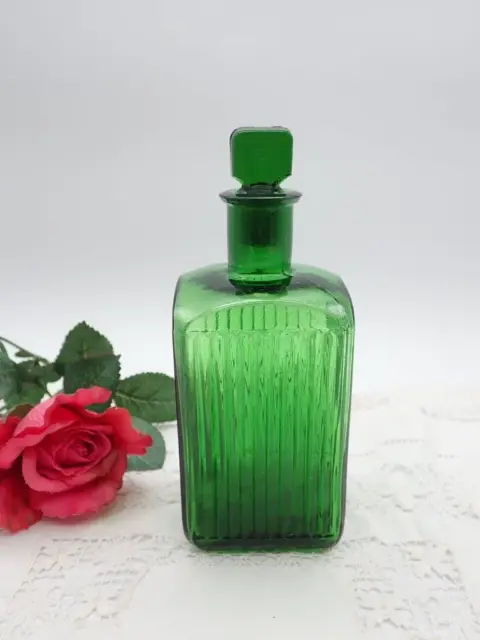 Antique Green Glass Poison Bottle, Chemist Dispensing Decanter, Apothecary