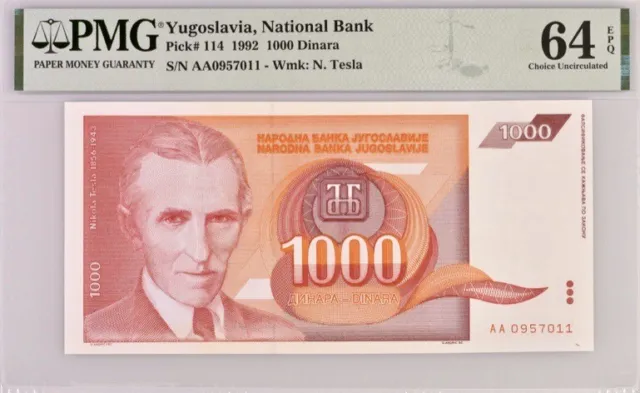 Yugoslavia 1000 Dinara Pick# 114 1992 PMG 64 EPQ Unc Banknote