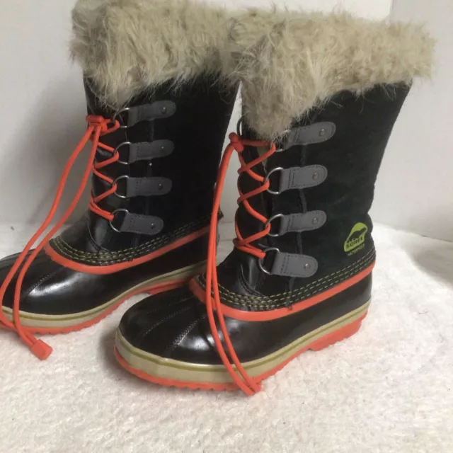 Sorel Joan Of Arctic Black/Coral Waterproof Suede Rubber Boots Womens GIRLS 5