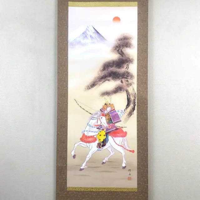 Japanese Hanging Scroll Samurai Horse Fuji Painting w/Box Asian Antique 6cP