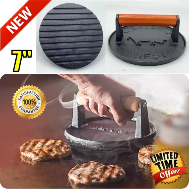 7 Inch Cast Iron Grill Press Burger Bacon Steak Heavy Duty For Flat Top Griddle
