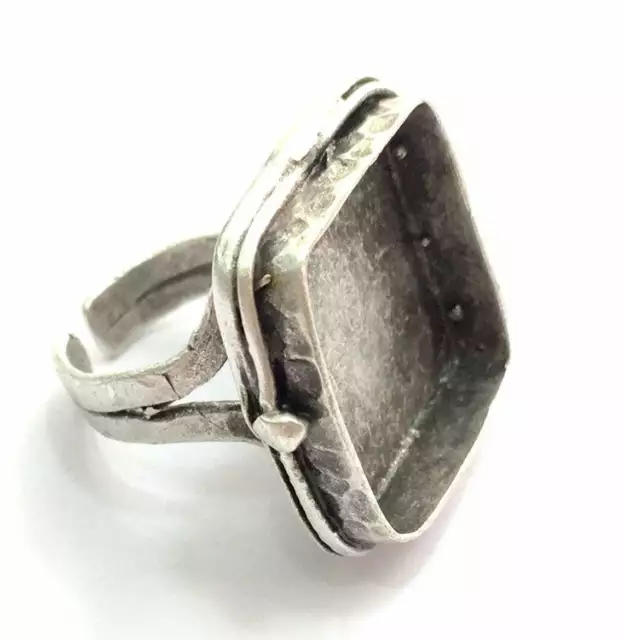 Square Signet Adjustable Ring Blank Base Hammered Antique Silver Plated Brass