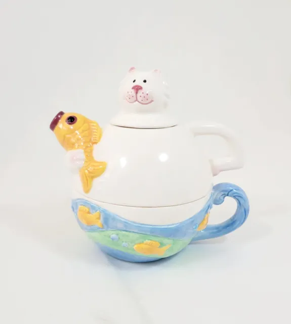 CLAY ART 3 Piece Staking one pot tea set Catching Fish 90's cat holding fish
