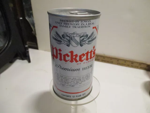 "PICKETT's OF DUBUQUE" 12 OZ EMPTY STEEL PULL TAB BEER CAN.   OPEN on BOTTOM.