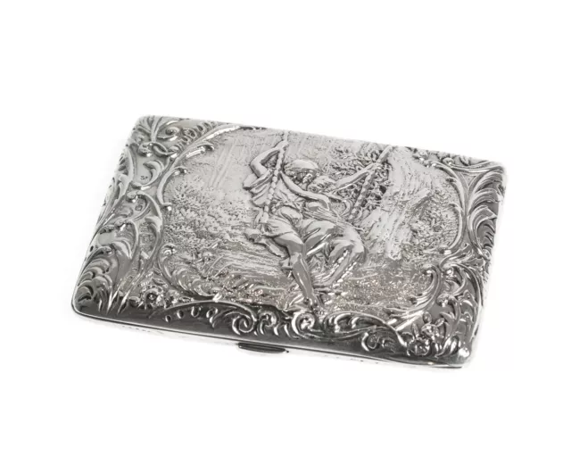 Fine Antique Silver Card Case / Purse Pictorial with Lovers on Swing Silk Lined