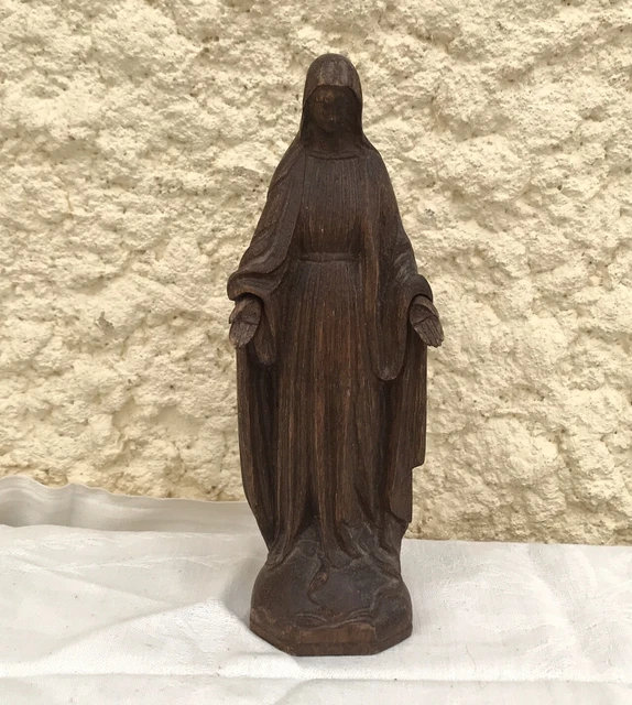 French 6 1/2” WOOD HAND CARVED Statue Virgin Mary Our Lady Miraculous Medal