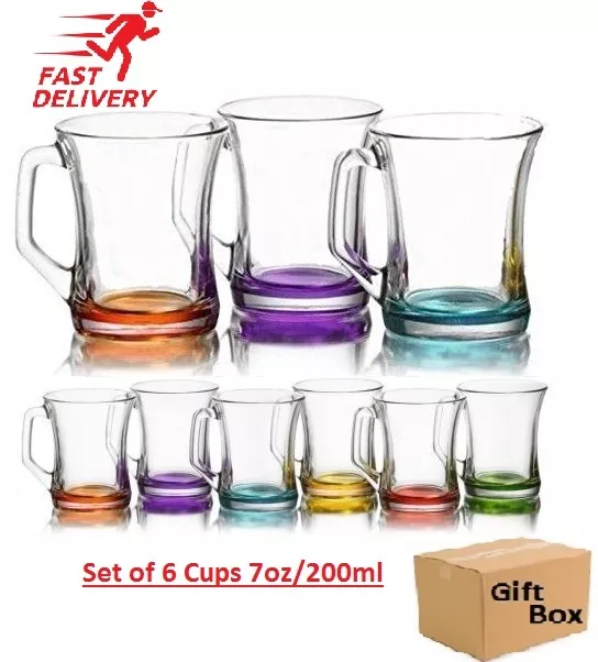 Set of 6 Coloured Glass Tea Coffee Cappuccino Cups Hot & cold Drink Mugs - Gift