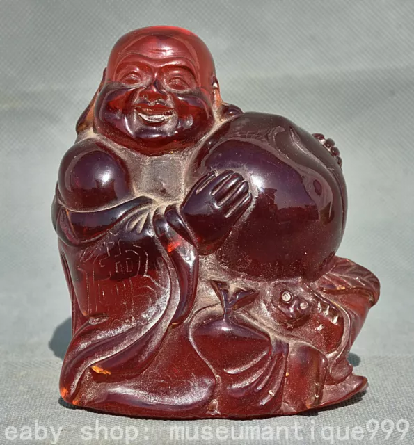 4.4'' Rare Chinese Amber Happy Laugh Maitreya Hold peach Statue Sculpture