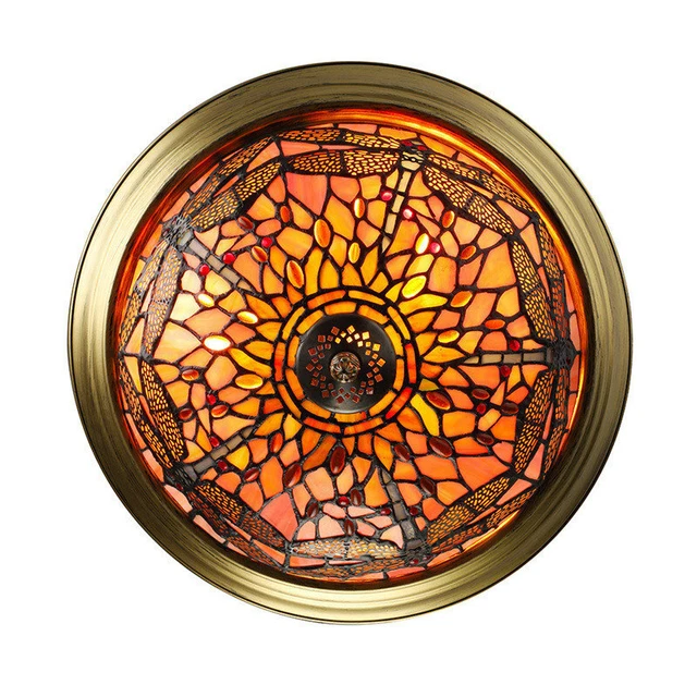 Tiffany Baroque Stained Glass Ceiling Lamp Dragonfly Flush Mount Light Fixture