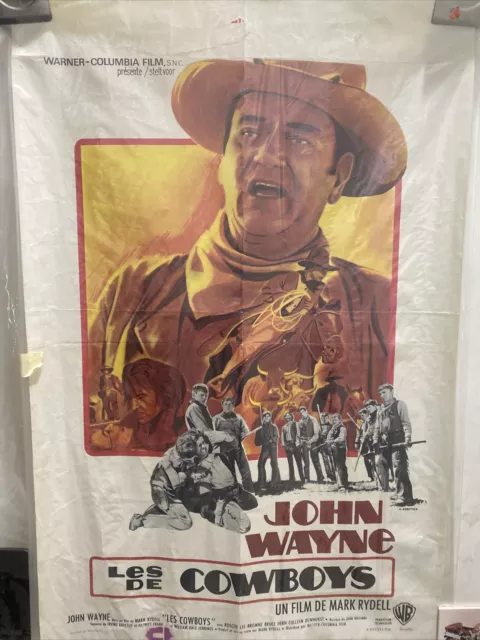 Original Vintage 1972 LES DE COWBOYS French Movie Poster John Wayne 21" x 14"