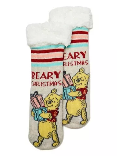 Ladies Disney Winnie the Pooh Fuzzy Beary Christmas Slipper Socks 4-10 New