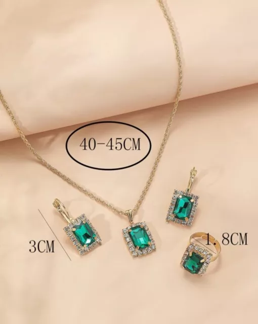 Emerald green gemstone diamond cubic zirconia 18k gold ring necklace earring set 3