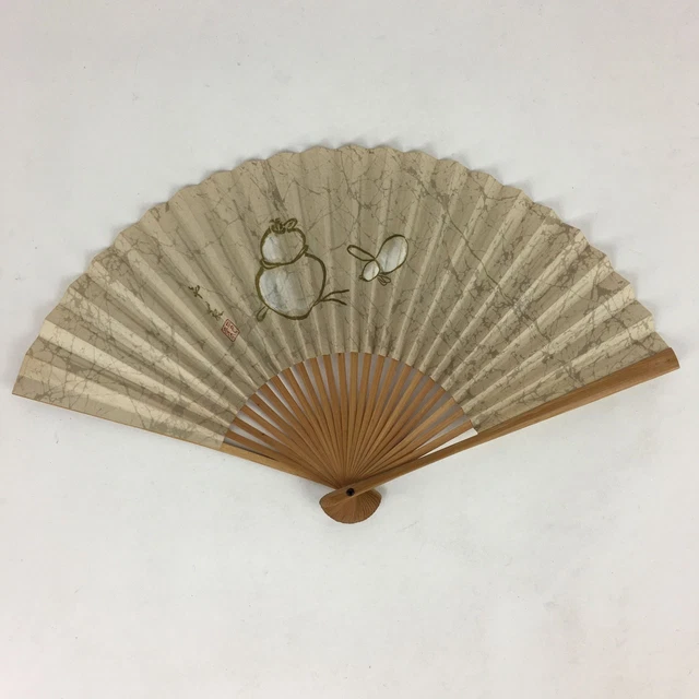 Japanese Folding Fan Vtg Sensu Bamboo Frame Paper Gourds Hyotan 4D599