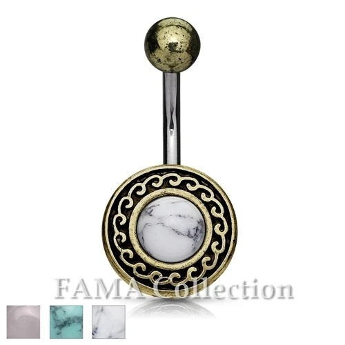 FAMA Antique Gold Plated Tribal Shield Belly Ring w/ Semi Precious Stone Centre
