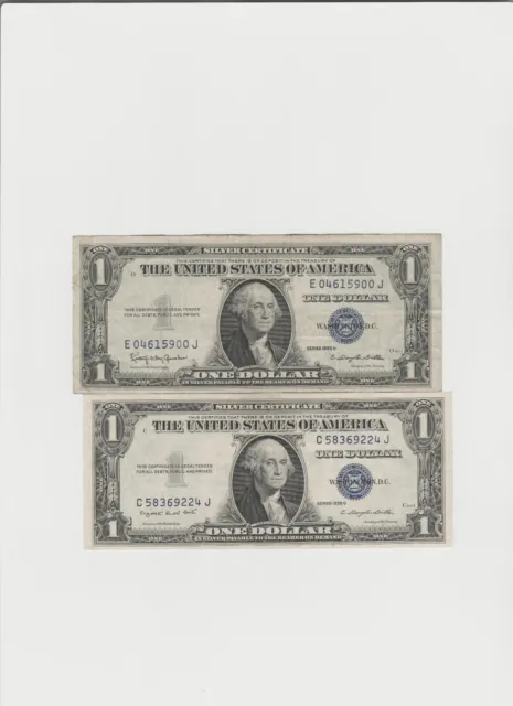 2 Notes 1935 G-H (1 with motto & 1 without motto) One dollar Silver Certificate