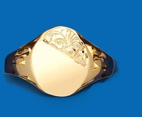 Bague Signet Ovale En Or 9ct Gravée Au Laser - Crête Familiale - Toutes Tailles - Faite Main