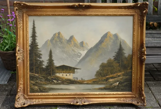 Großes Ölbild Gemälde Öl auf Malpappe Berge und Berghütte alt sehr gut signiert