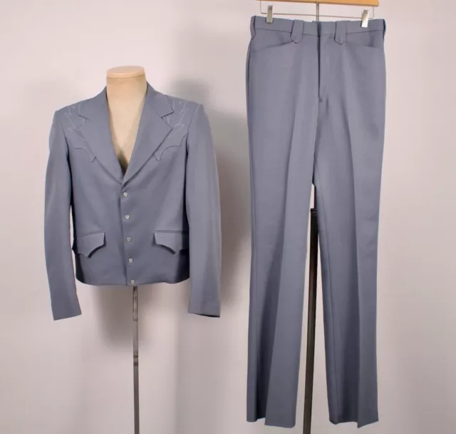 Mens VTG 70s 2 PC Grey Blue Trego's Western Leisure Suit Sz 38  1970s Polyester