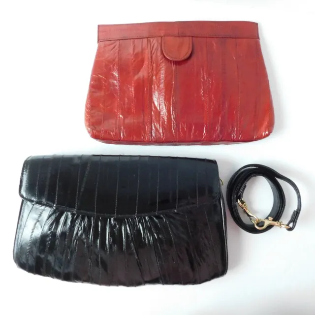 Vtg 80's Lot of 2 Genuine Eel Skin Purses Red Black Clutch Shoulder Bag Soft EUC