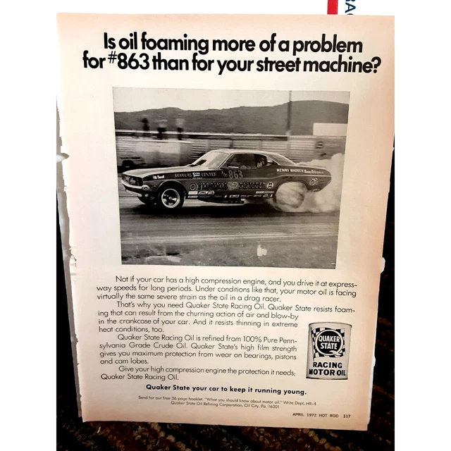 Quaker State Racing Motor Oil 1972 Original Magazine Ad Kenny Warren