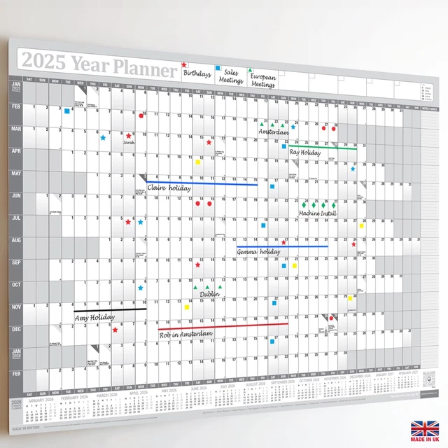 Yearly wall planner 2024 2025 2026 annual calender chart inc holidays
