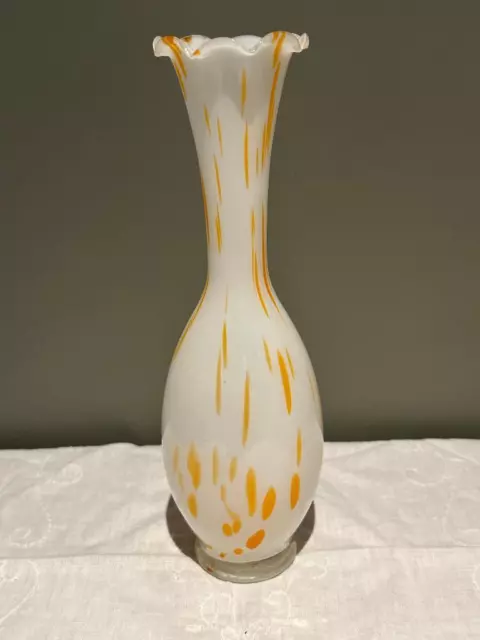 Vintage Retro Hand Blown Art Glass Bud Vase - Orange White Swirl / Spatter - Vgc