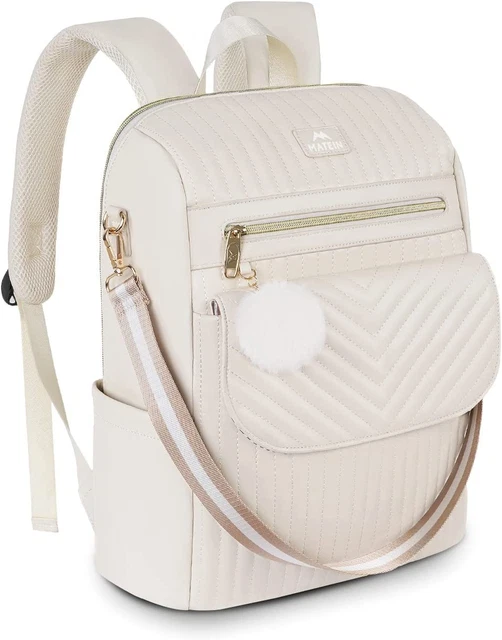 Quilted Laptop Backpack for Women, 15.6 Inch Convertible Soft Leather Backpack