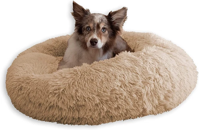 KAF Home Calming Donut Pet Bed for Dogs and Cats - Shag Fur, Medium, Beige