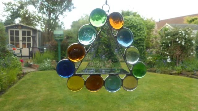 Stained Glass Prism Pyramid Suncatcher with Green Glass Beads