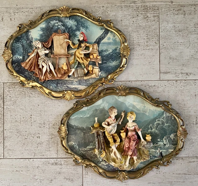 Pair Vintage 3D Empire Figural Art Wall Plaque Gold  Frame Italy Music Art Scene