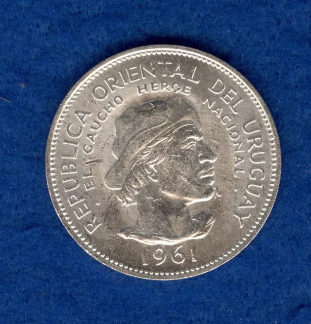 1961 Uncirculated Uruguay Silver 10 Pesos Coin KM#43