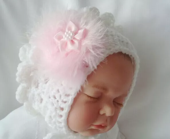 baby girl crochet bonnet hat baby pink swirl baby pink satin flower handmade