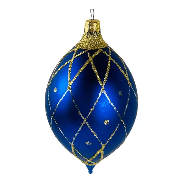 Vintage Kurt Adler Kringle Glass Christmas Ornament Blue Gold Columbia 4 Inch