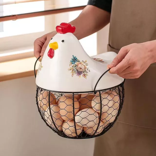 Chicken Egg Basket, Egg Storage Holder, Black Metal Wire Basket with Ceramic Lid