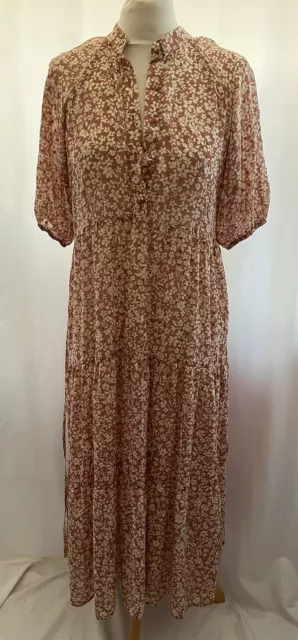 New Look Midi Dress Size 8 Dusty Pink Floral Short Sleeve Chiffon V Neck Womens