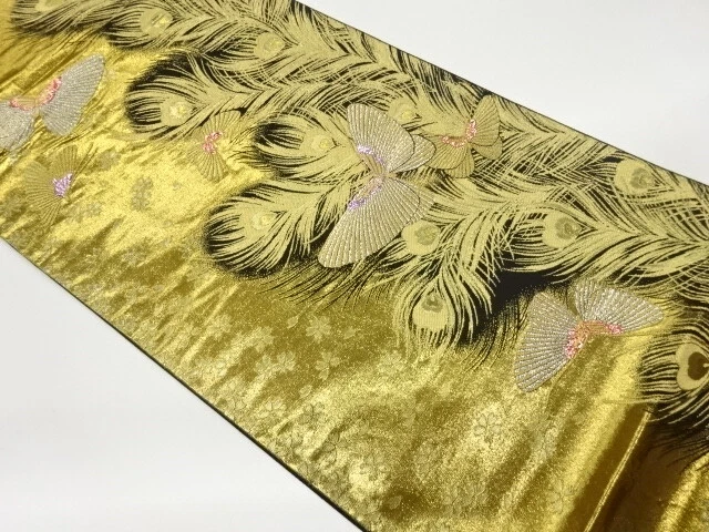 6506362: Japanese Kimono / Vintage Fukuro Obi / Woven Peacock Feathers & Butterf