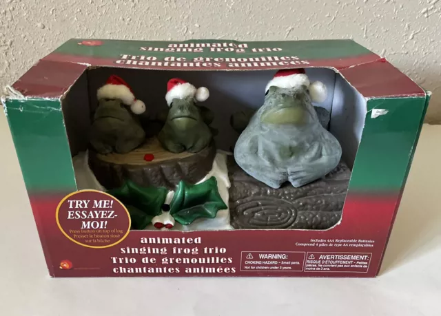 Gemmy Singing Frog Trio on Log Christmas Santa W/ Box RARE Working