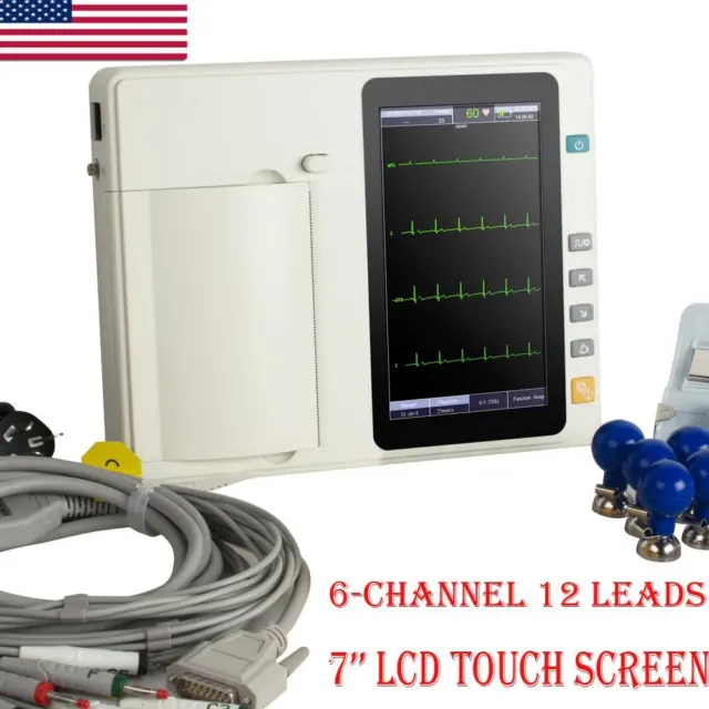 Portable ECG EKG Machine 12 Interpretation 6 Channel Touch Display 7 Inch