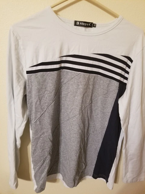 teen girl size 38 blue black strip gray marled white L sleeve top 26 L 23 across