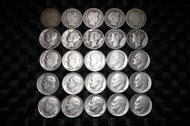 Lot of 25 90% Silver DIME Coins BARBER MERCURY ROOSEVELT Mix AG-F/VF #MX6