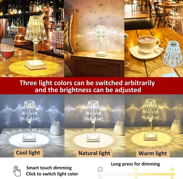 Lampada Da Tavolo Led Ricaricabile Cristallo Poldina Batteria Touch 3 Colori 7
