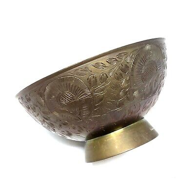 Vintage Handmade Solid Brass Bowl, Engraved Floral Theme, Decorative Collectible