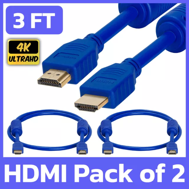 2 Pack HDMI Cable 3 ft High Speed Blue 28AWG M/M Cord Ferrite Cores PS4 PS5 XBOX