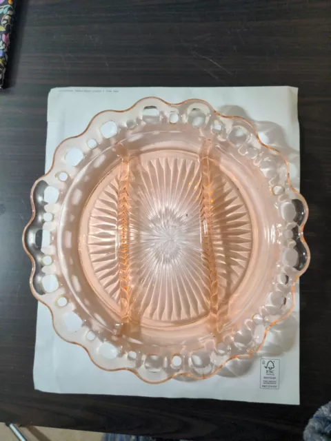 Pink Depression Glass Old Colony Open Lace 3 Part Relish Tray, 10 1/2 in.