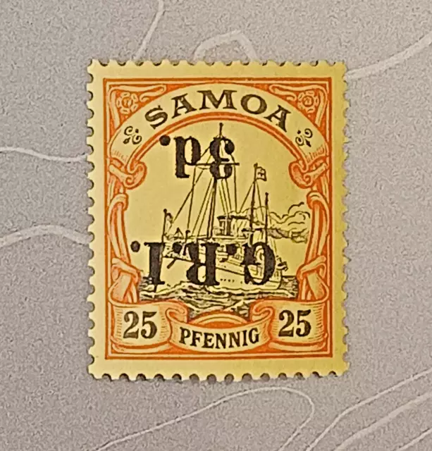 German Samoa 1914 British Occupation inverted ovpt. G.R.I. 3d. on 25 pf., MH