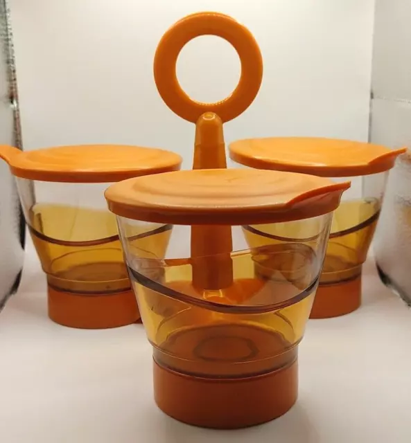 Vintage Tupperware Condiment Caddy Trio Stand, Tan Base, Cups and