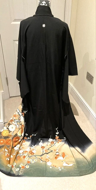 Vintage giapponese crepe nera ""Emb anatre/plum/crisante"" tomesode/kimono/abito MED