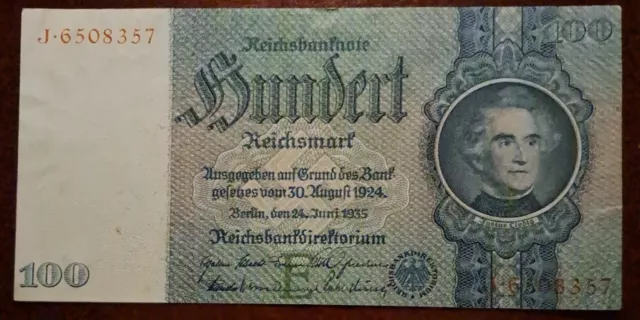 Reichsbanknote zu 100,- Reichsmark 24.06.1935 sehr gut erhalten.