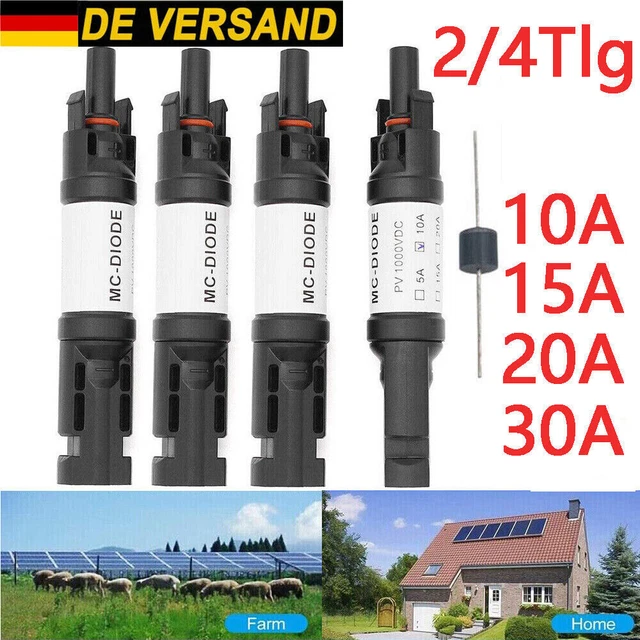 PV-Solarstecker Mit Diode 20A - Wasserdicht & IP68 Für Solarmodule Bis 1000V DC