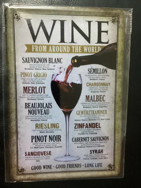 Blechschild 20x30 Wine from around the World, Wein Sorten, neuwertig in Folie